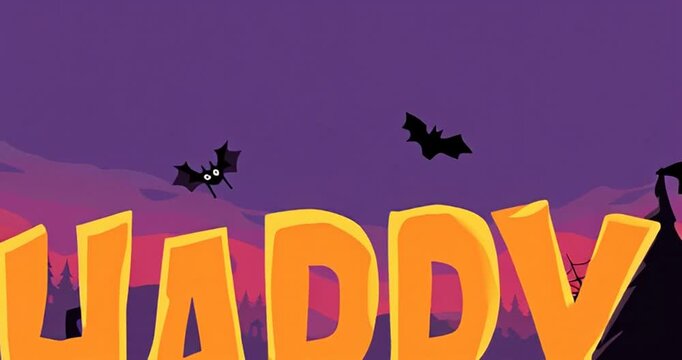 Happy Halloween animated text in a cartoon style background with bats, tree, house and spider