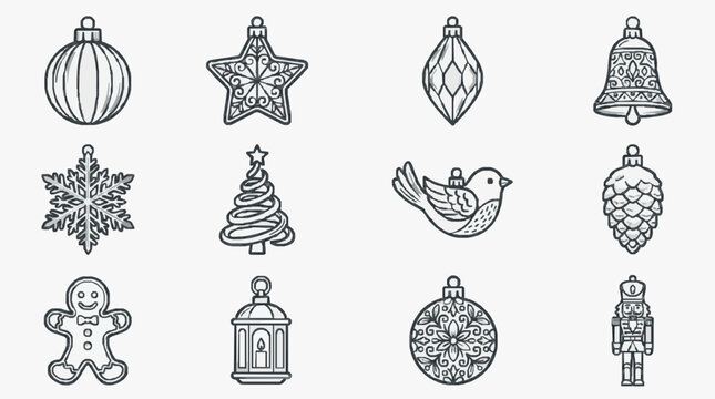 Dynamic Black and White Holiday Ornament Set Featuring Classic Christmas Symbols and Decorations