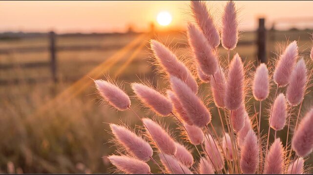 Cinematic close-up of ethereal soft pink grass glowing against a golden hour background