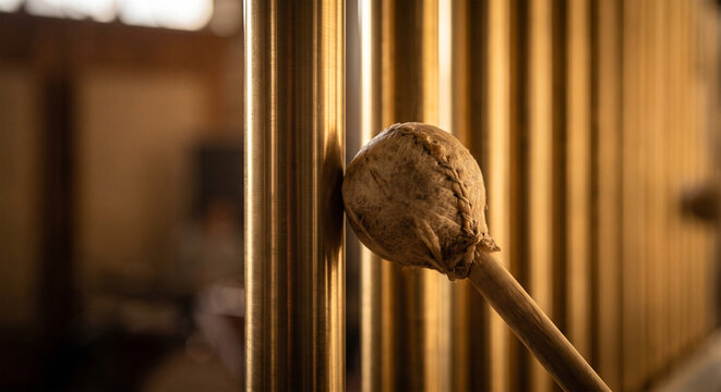 A close-up, artistic composition featuring a rawhide-covered chime hammer resting against the side of a tubular bell, 