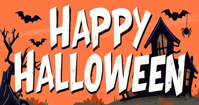 Happy Halloween animated text in a cartoon style background with bats, tree, house and spider