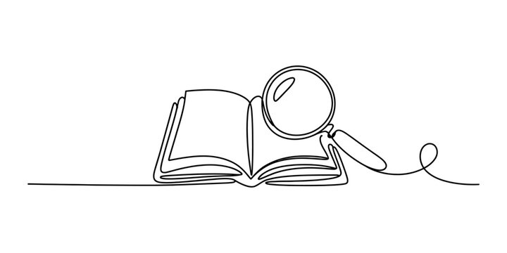 Continuous single line drawing of an open book with a magnifying glass representing research and learning study concept Vector, illustration