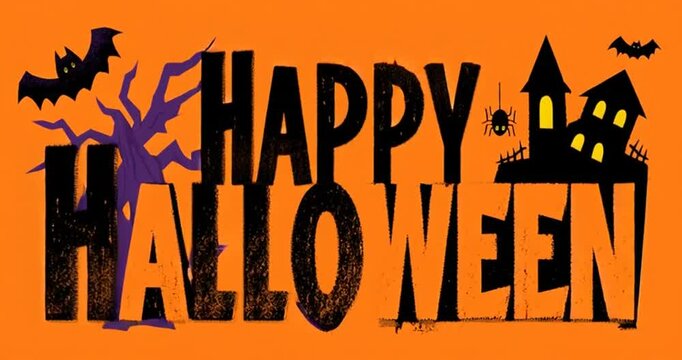Happy Halloween animated text in a cartoon style background with bats, tree, house and spider