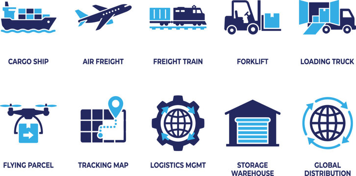 Logistics and shipping icons set featuring cargo ship air freight train forklift truck and tracking map.