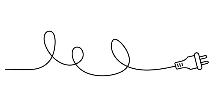 Black electric plug with a long tangled cord drawn as a single continuous thin line for modern energy concepts Vector, illustration