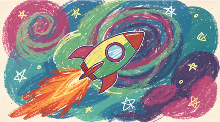 Cartoon Rocket Ship Blasting Off Through Colorful Swirling Galaxy and Stars, Children's Space Exploration Illustration for Education and Imagination © Zayn coy
