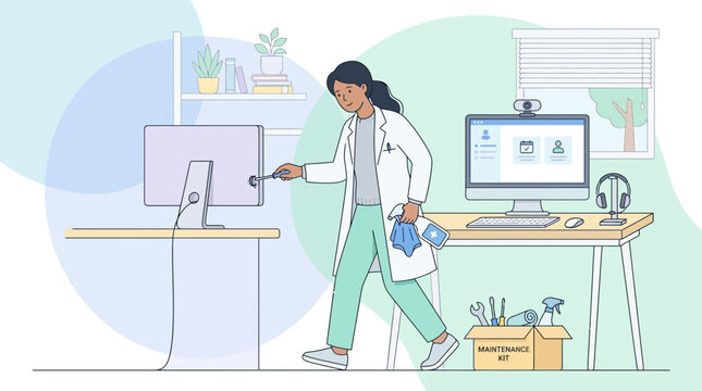 Doctor Fixing Computer in Medical Office, Telemedicine Concept
