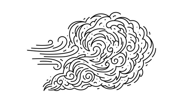 Hand drawn ink illustration of wind gust with swirls and air flow lines.