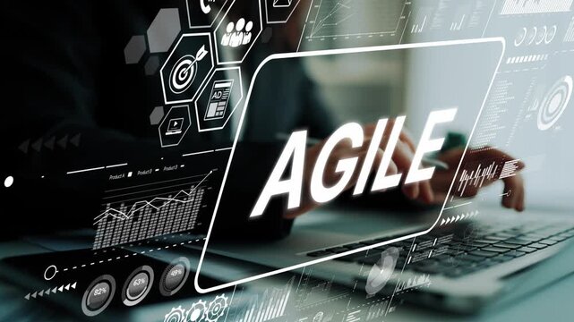 Business person using digital tools to showcase agile methodology in a modern workspace setting, emphasizing innovation and productivity.. Asymptotic smart data analytic.