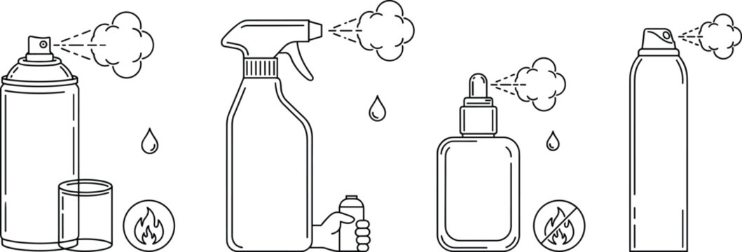 Aerosol spray bottles and fluid dispensers line icon set featuring paint spray can trigger sprayer mist dropper cosmetic bottle and warning symbols vectors