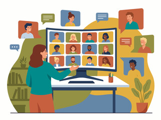 Fototapeta premium A vibrant illustration depicting a video conference setup with diverse individuals engaging in conversation, showcasing the modern approach to communication and teamwork.