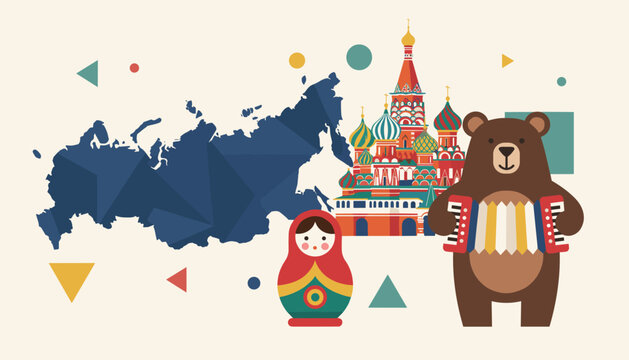 Colorful illustration of Russian national symbols including St Basil Cathedral, a brown bear playing an accordion, and a nesting doll.