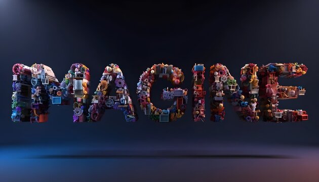 Colorful Text Spelling 'IMAGINE' in Bright Neon Lights on Dark Background