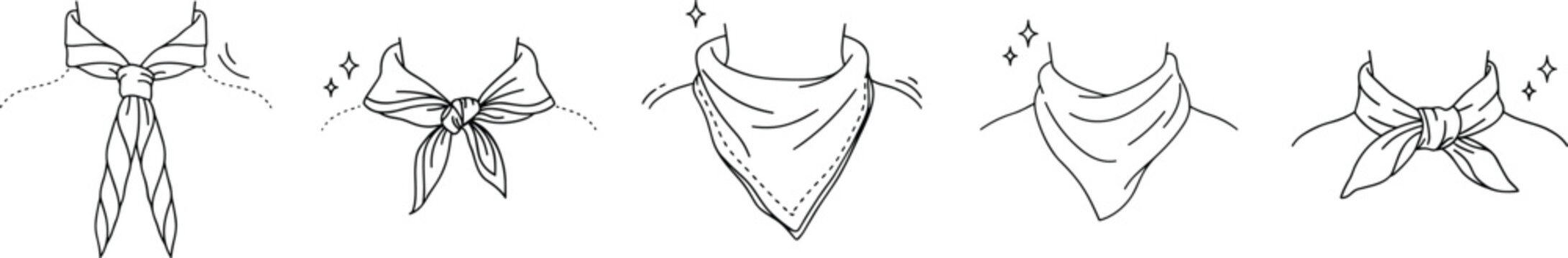 Bandana and neck scarf tied styles line art vector illustration with various knot methods isolated on a white background for design
