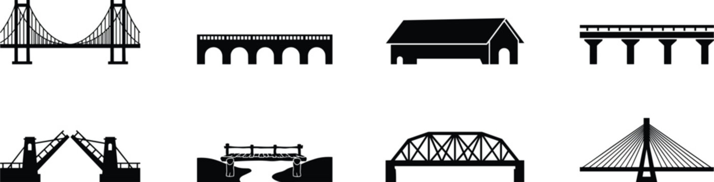 Bridge types silhouette icon set vector illustration with suspension drawbridge arch truss cable stayed and covered structures isolated on white
