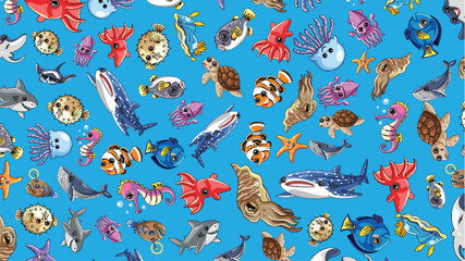 Fototapeta premium Seamless Pattern of Colorful Cartoon Ocean Animals and Sea Creatures