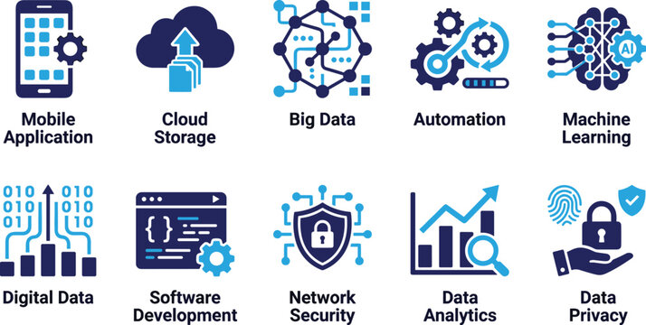 Mobile application cloud storage big data automation machine learning digital data software development network security data analytics data privacy vector icon set.