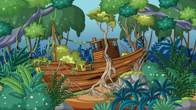 Abandoned Wooden Shipwreck Overgrown in Dense Jungle
