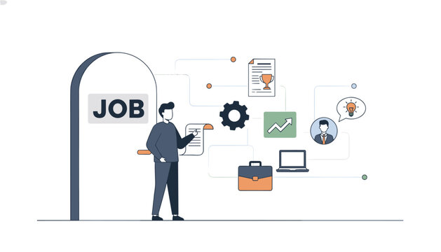 Professional career concepts banner showing a job seeker holding a resume under a job archway with business icons.