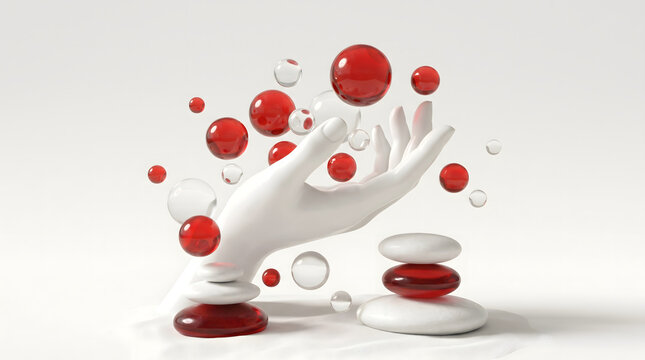 Hands framing a cluster of red and white glossy balls above balanced pebbles 3D concept