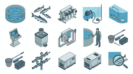 Isometric icons representing aquaculture and fish farming equipment and processes. © gonel