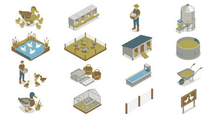 Isometric farm elements including ducks, chicken coops, and farming equipment, illustrating rural life and agriculture. © gonel