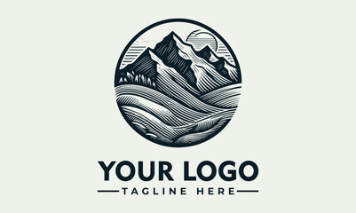 Circular mountain landscape vector logo illustration in vintage engraved style, perfect for outdoor brands and travel themes © nuaari