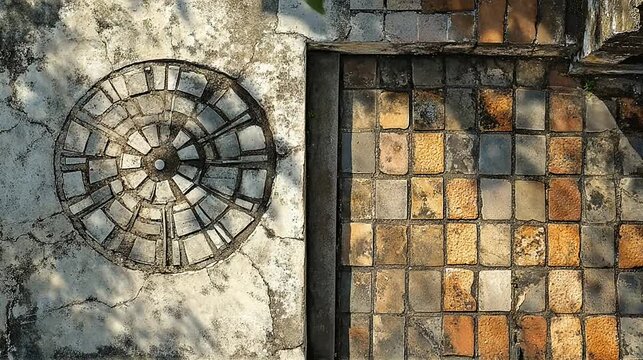 Circular pattern concrete texture and brick wall detail overhead view