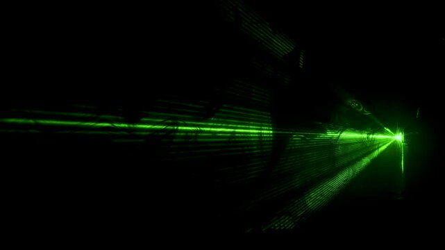 Green laser beams cut through pitch-black space. Light slices forward, forming sharp, geometric patterns. Directional rays pulse with digital precision and power. Ideal for tech, gaming
