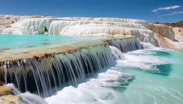 Beautiful turquoise thermal pools flowing over white travertine terraces, mineral hot spring cascade.