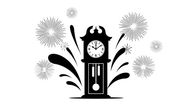 Black silhouette clock tower with fireworks on white background