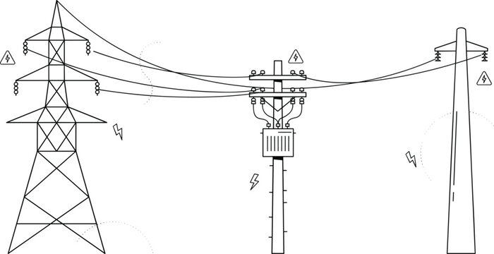 Electrical grid power lines line art vector illustration with transmission tower utility pole and transformer isolated on a white background