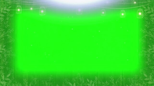 Rustic wedding frame background with string lights and leaves on green screen