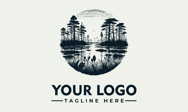Vintage swamp and forest nature landscape vector logo illustration