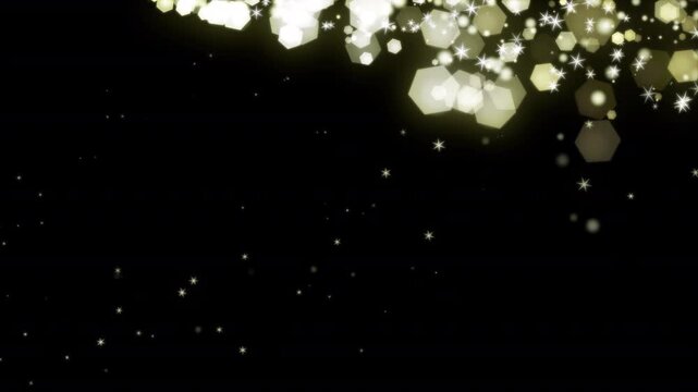 Golden bokeh particles shimmer in bright yellow light patterns against dark backgrounds.