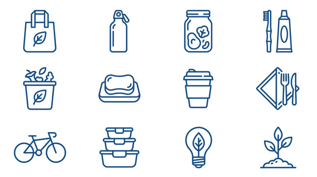 Sustainable lifestyle and zero waste product line icon set.