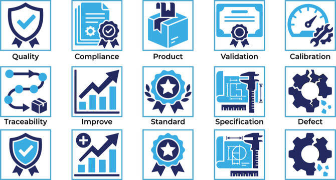 Quality compliance product validation calibration traceability improve standard specification defect vector icon set.