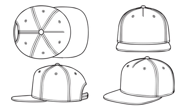 Snapback cap technical outline vector illustration with multiple angle views isolated on white