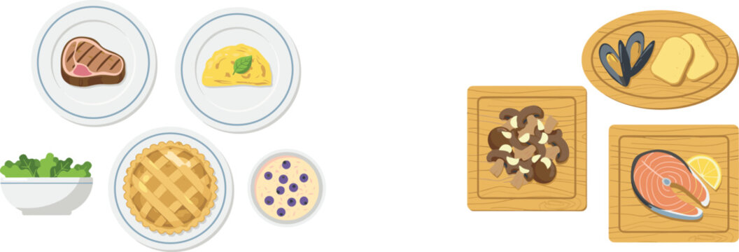 Food dish collection vector illustration with steak omelet pie salad salmon and mussels on plates and cutting boards isolated on white