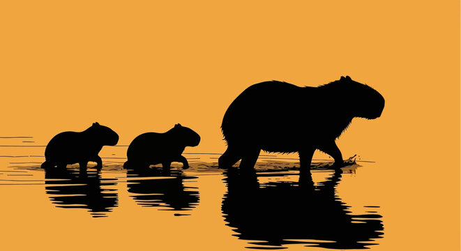 Family of capybaras walking in shallow water.