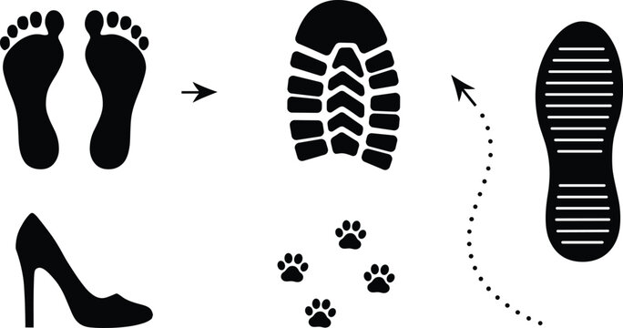Footprint and track icon set vector illustration with barefoot prints boot sole high heel and animal paws isolated on white