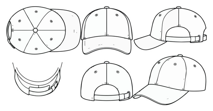 Baseball cap outline vector set with top front side and perspective views in minimalist line art style