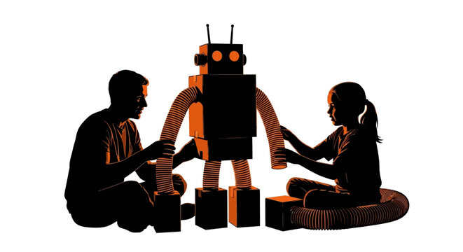 Children playing with a friendly robot figure.