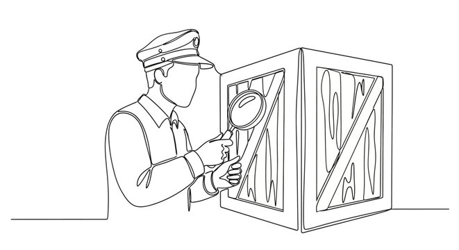Customs officer inspecting wooden crate with magnifying glass.