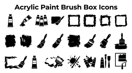 Fototapeta premium A collection of black and white icons representing acrylic paint tubes, brushes, and artistic tools for creative projects.