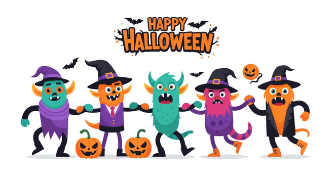 Happy Halloween Monsters Dancing and Holding Hands with Pumpkins