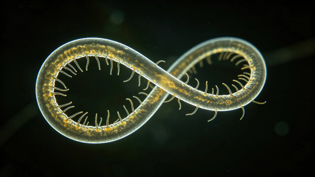 An original dark-field micrograph of *Spirillum minor*, displaying its characteristic features: a large, rigid, helical body and tufts of flagella at both ends (bipolar lophotrichous arrangement).