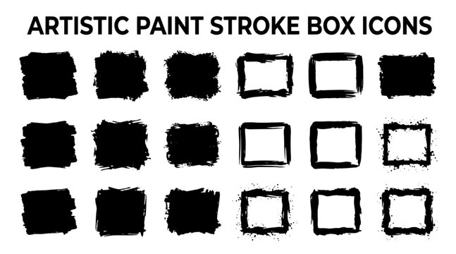 A collection of artistic black paint stroke box icons with a rough, textured edge for graphic design.