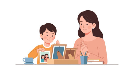 Fototapeta premium Mother and Son Cherishing Family Photos Together