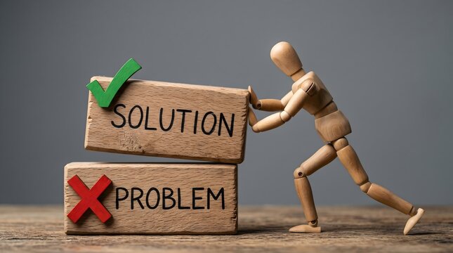 Wooden mannequin pushing solution block to overcome business problem